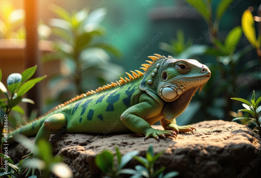 A vibrant green iguana resting on a rock surrounded by lush foliage A vibrant green iguana resting on a rock surrounded by lush foliage