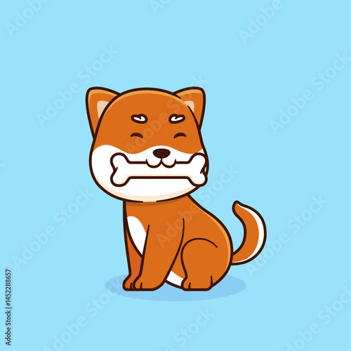 Vector illustration of cute cartoon Shiba inu bites a bone. Animal icon concept Isolated. Puppy in flat cartoon style.