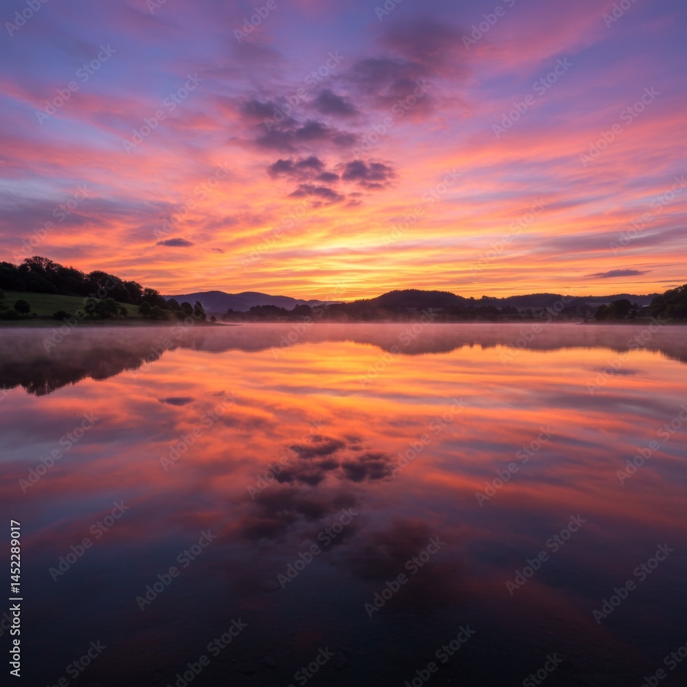 Fototapeta premium Vibrant Sunrise over Calm Lake with Colorful Reflections