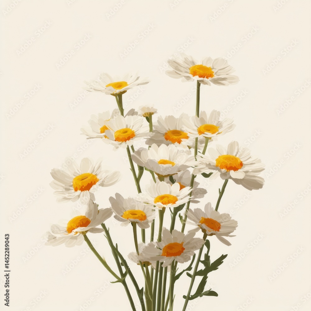 Fototapeta premium Elegant Bouquet of White Daisies with Yellow Centers on Cream Background - Floral Illustration for Spring, Summer, and Nature-Inspired Designs