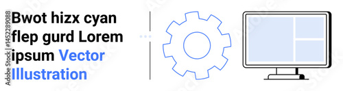 Gear next to a monitor with segmented panels indicating system configuration, workflow, and technical process. Ideal for technology, collaboration, software, engineering, workflow, productivity