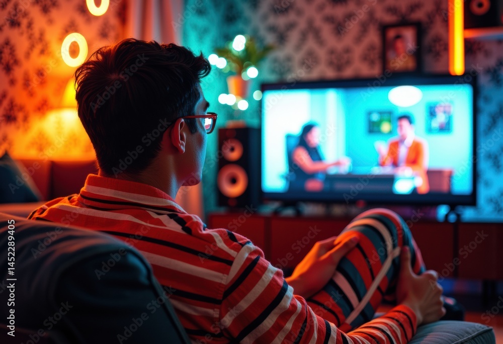 Young man watching television in a cozy, colorful living room Young man watching television in a cozy, colorful living room