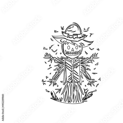 Spooky scarecrow line art illustration with seasonal harvest decoration element