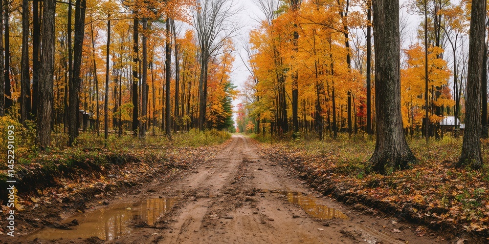 Obraz premium Serene Dirt Path Surrounded by Vibrant Autumn Foliage in a Peaceful Forest Setting
