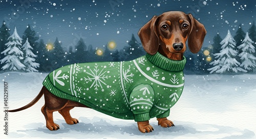Watercolor Dachshund in Green Snowflake Sweater on Snowy Winter Landscape at Twilight