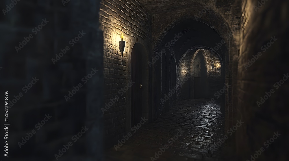 Obraz premium Dark Medieval Castle Corridor with Stone Walls and Candlelight