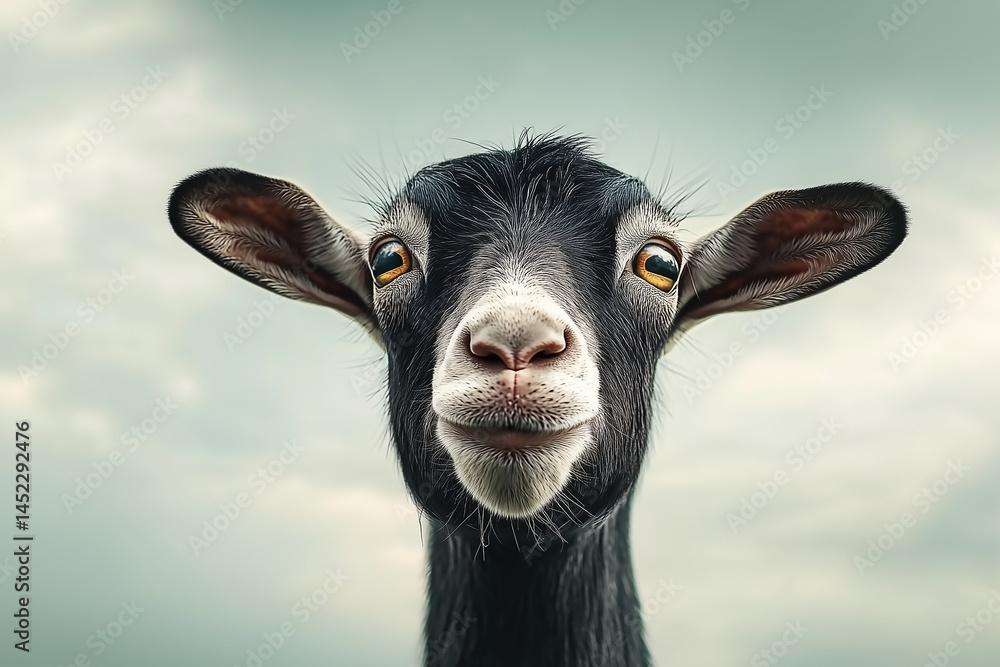 Fototapeta premium funny close-up portrait of smiling black goat under cloudy sky with humorous and charming expression