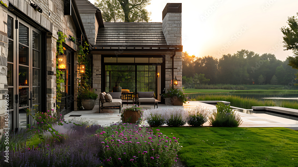 Obraz premium Modern villa retreat with sunny garden, blooming flowers, lake view, English lawn, and elegant outdoor seating under a warm afternoon light