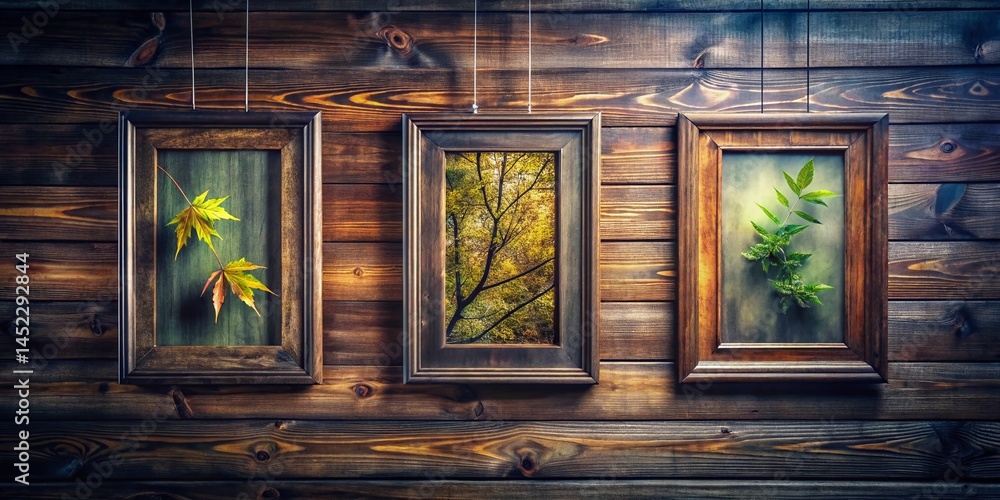 Elegant Empty Frames on Wood Panel Wall Above Wooden Table - Double Exposure Photography Elegant Empty Frames on Wood Panel Wall Above Wooden Table - Double Exposure Photography