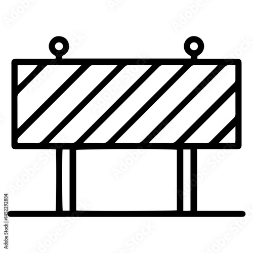 Road barrier (outline style). A barricade with diagonal stripes symbolizes road closure, construction, or safety. Represents temporary blockades, traffic control, or hazard warnings on roadways