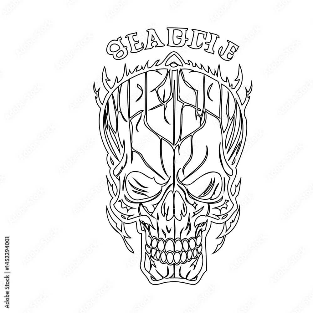 Fototapeta premium Stylized skull illustration with 'Seattle' lettering, dark yet playfully edgy