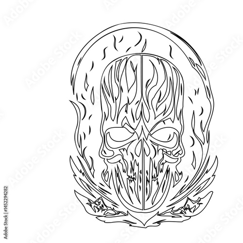 Dramatic depiction of a skull engulfed in flames, showcasing intricate line work