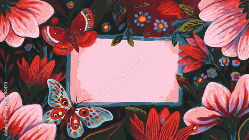  butterfly garden with fluttering butterflies among blossoming flowers in a riot of colors, whimsical and joyful feel with copy space  