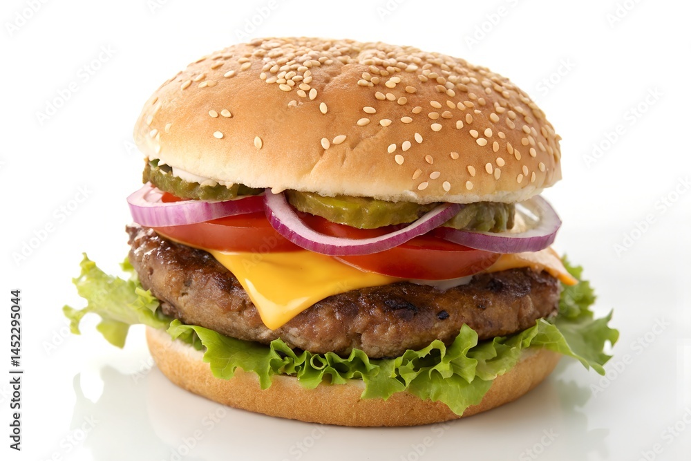 Delicious and appetizing hamburger with fresh toppings on a white background Delicious and appetizing hamburger with fresh toppings on a white background