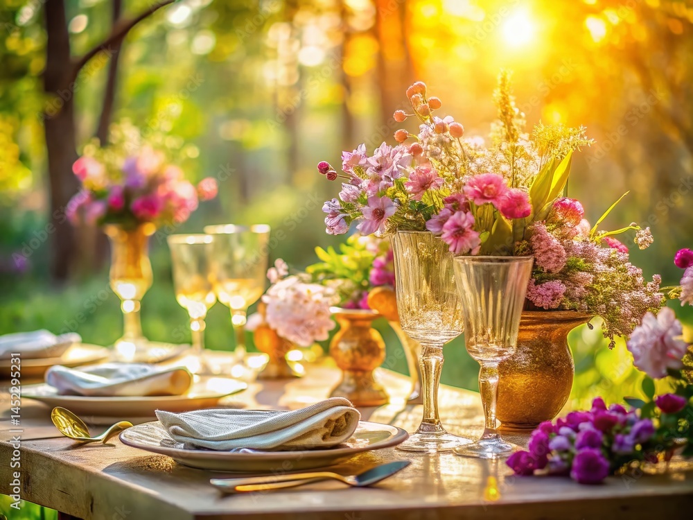 Elegant Table Setting: Crystal Glassware & Gold Cutlery in Soft Light - Stock Photo Elegant Table Setting: Crystal Glassware & Gold Cutlery in Soft Light - Stock Photo