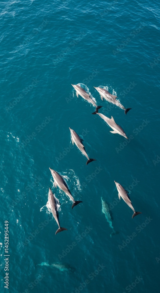 Obraz premium Aerial View of Dolphins Swimming in Blue Ocean