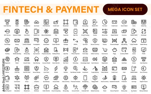 Finance and Technology Icon Collection – Professional Minimalist Line Vector Icons for Cryptocurrency, Mobile Banking, Digital Wallets, and Investments