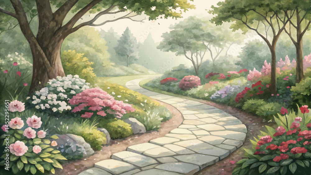 Obraz premium *Garden pathway background with winding stone path and colorful blooms, inviting tranquil nature scene with copy space*