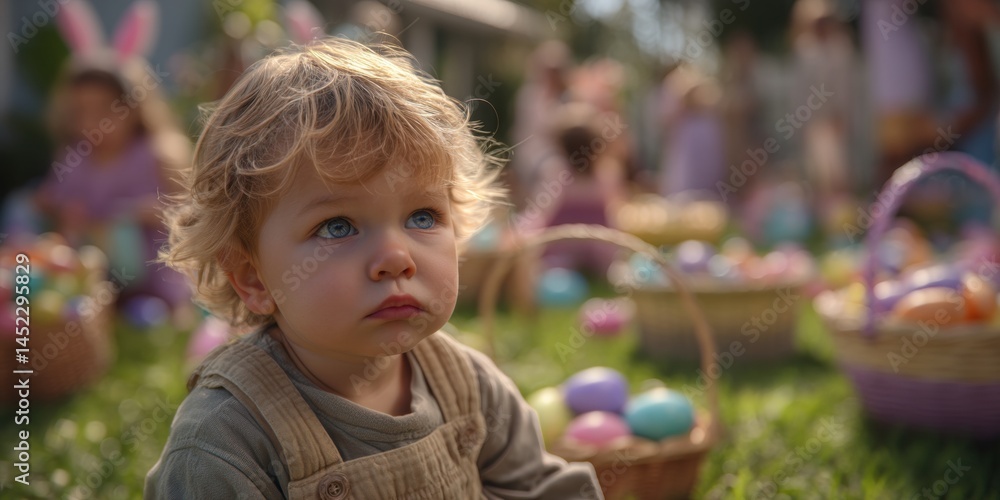 Fototapeta premium Cute Baby Sitting on Grass With Basket