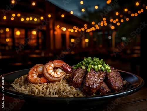A delicious plate of grilled steak, shrimp, and rice garnished with green onions, served outdoors under warm string lights.