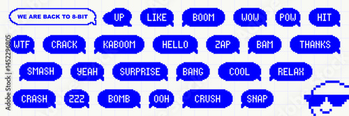 Set of pixel art speech bubbles. Retro game style dialogue box. Modern vector illustration.