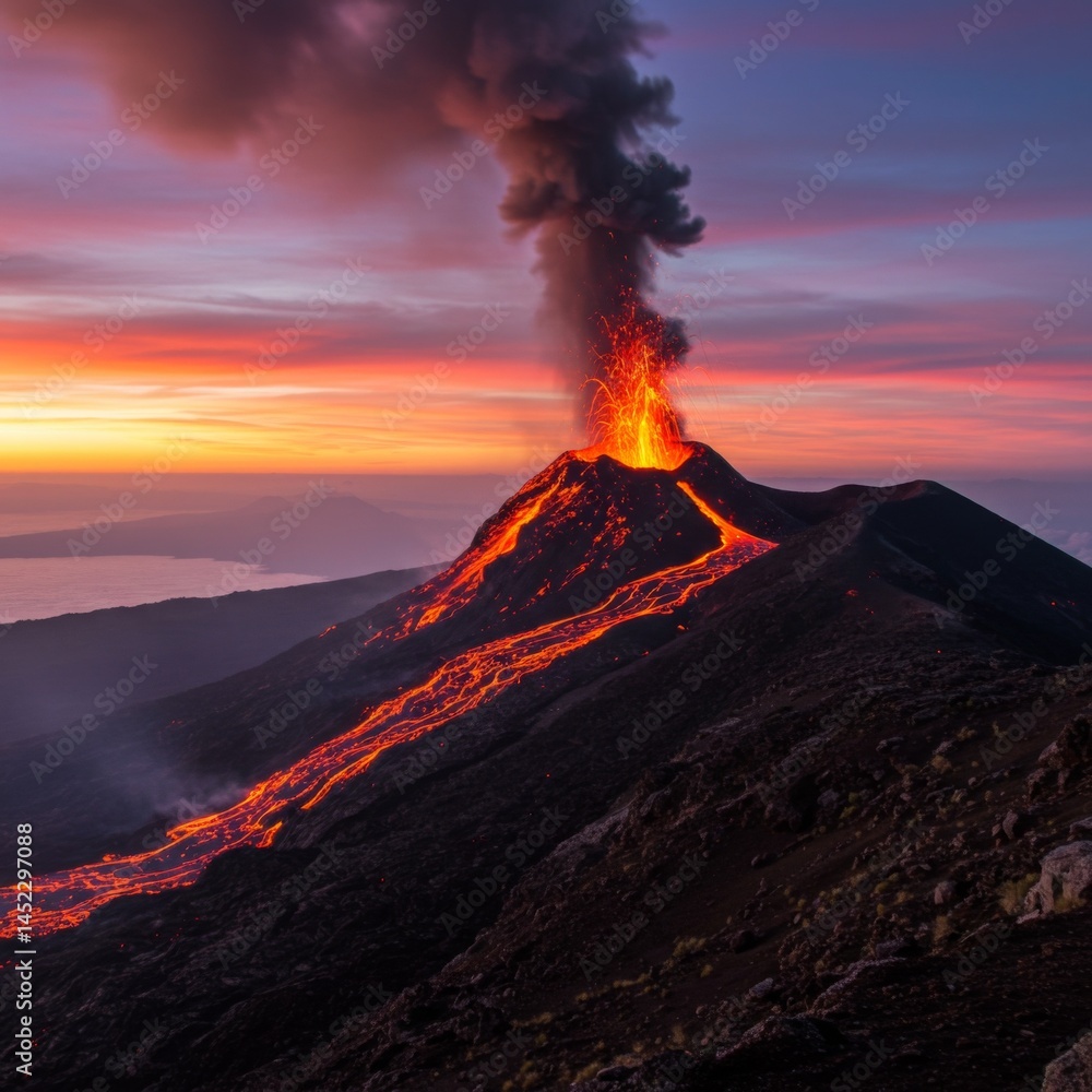Fototapeta premium Volcanic Eruption at Sunset: Fiery Lava Flowing Down Mountainside