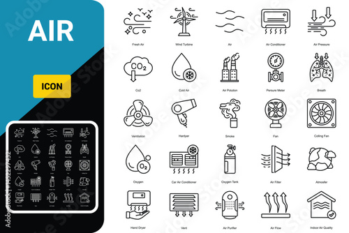 Air icon set. Containing ventilation, air conditioner, fan, wind, blow, oxygen, breathe, CO2, pollution and more. Vector solid icons collection.