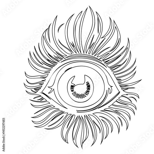 Stylized enigmatic eye illustration surrounded by radiant abstract flares