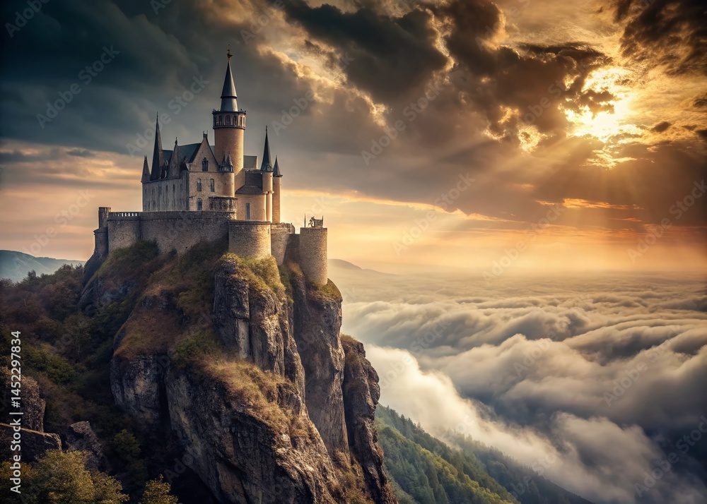 Obraz premium Epic Fantasy Clifftop Castle: Minimalist Landscape Photography