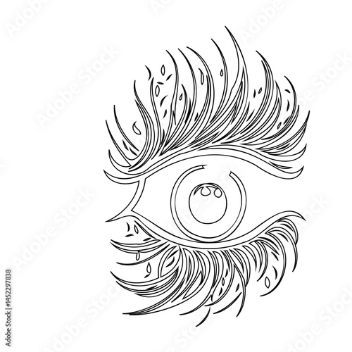 Intricate black and white line art depicting stylized eye with floral eyelashes