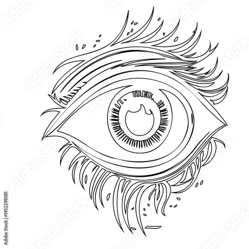 Minimalist eye illustration with stylized lashes and brow in stark monochrome