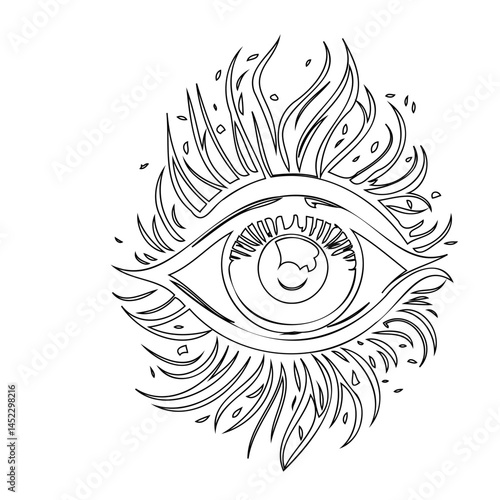 Abstract monochromatic depiction of an all-seeing eye within a radiant halo