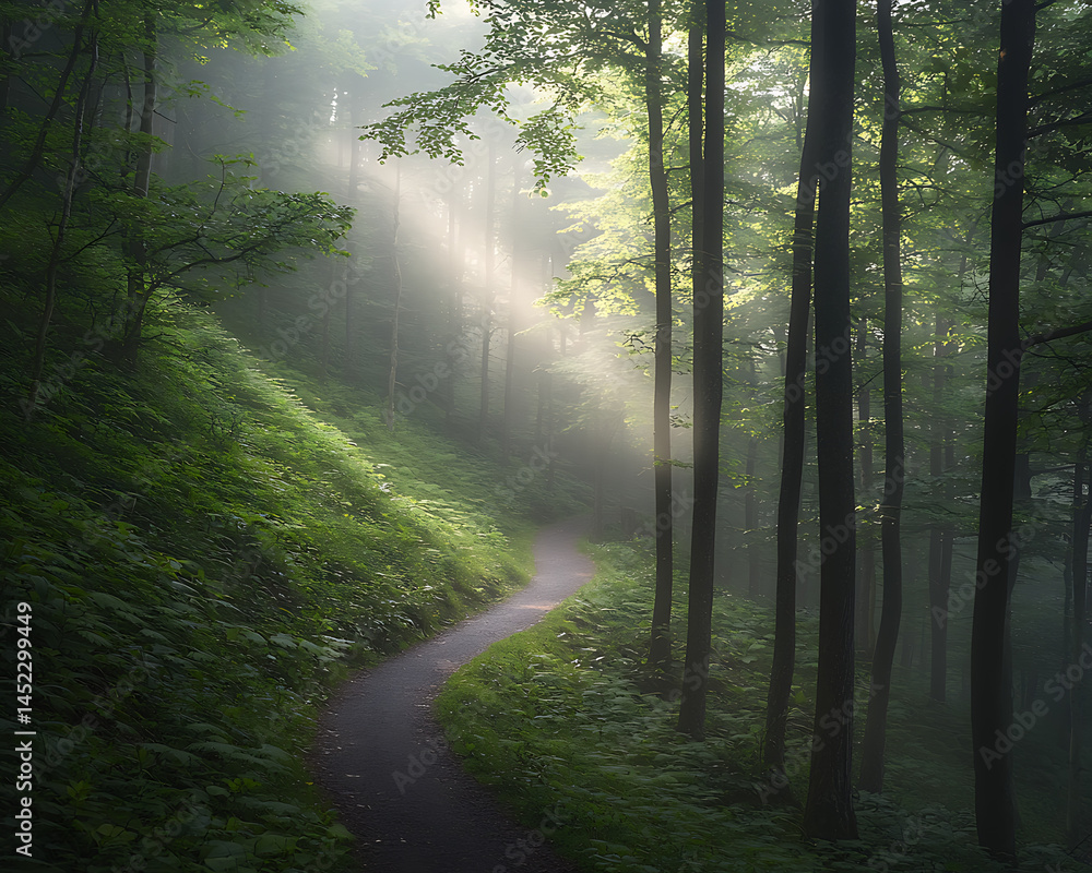 Fototapeta premium Misty Forest Path Sunrise.