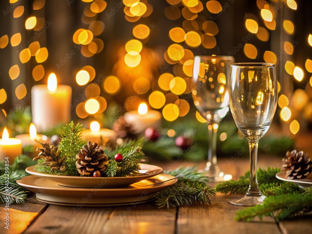 Festive Candlelit Table Setting with Pine Garland & Glassware, Bokeh Background