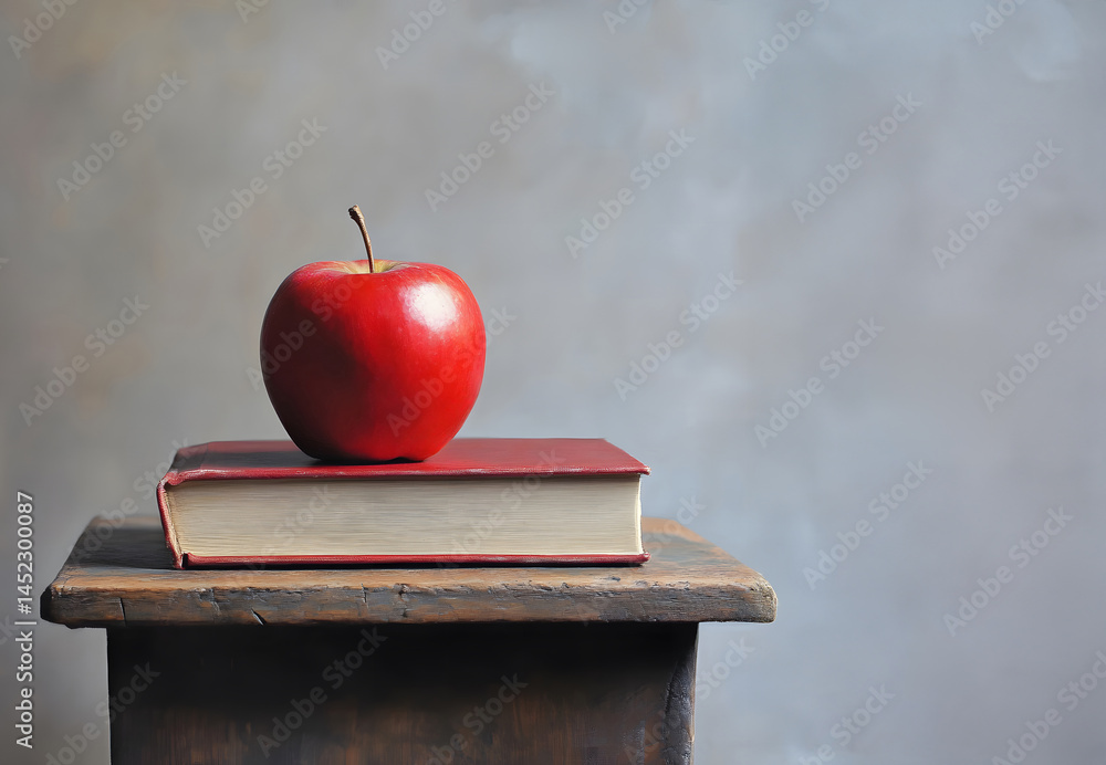 Bright red apple resting on hardcover book atop rustic wooden table with soft neutral background, styled to highlight natural detail, balance, and calm indoor atmosphere with warm light.