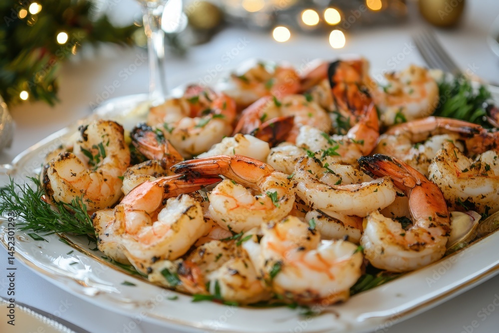 Seafood Christmas Dinner. Close-up on Dining Plate with Shrimp, Prawn, Oyster, and Clam Seafood Christmas Dinner. Close-up on Dining Plate with Shrimp, Prawn, Oyster, and Clam