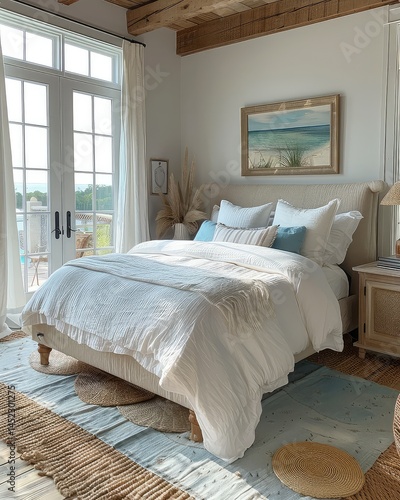 Coastal Bedroom with Linen Bed, and Ocean View.