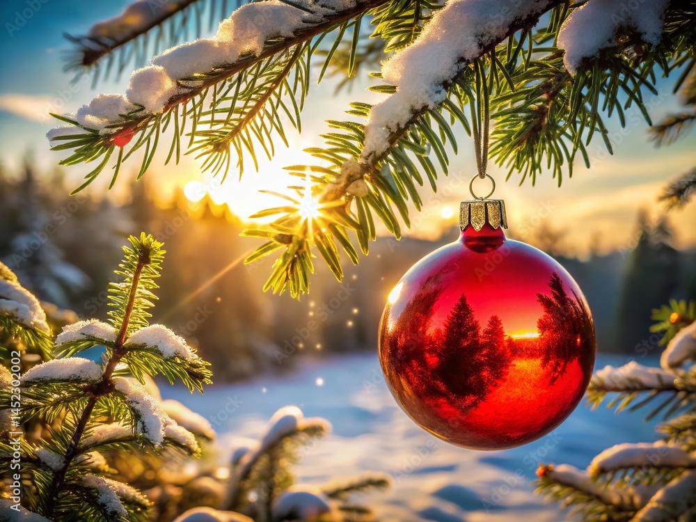 Festive Red Christmas Ornament & Yew Branch Double Exposure Stock Photo