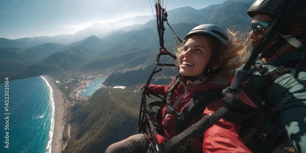 Naklejka premium Happy Paragliders Flying Over Ocean View