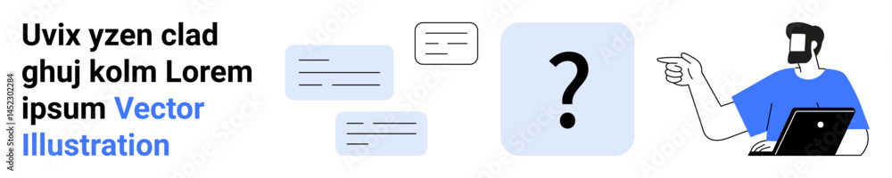 Man holding a laptop pointing at a question mark block with floating text boxes nearby. Ideal for education, brainstorming, problem-solving, communication, consulting, learning, flat landing page Man holding a laptop pointing at a question mark block with floating text boxes nearby. Ideal for education, brainstorming, problem-solving, communication, consulting, learning, flat landing page