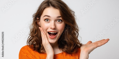 Happy Woman Expressing Surprise in Casual Studio Scene