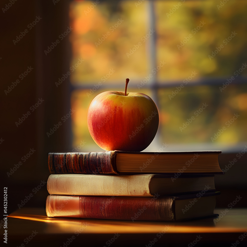 single apple placed on closed book with stack of books in soft focus behind, illuminated by warm afternoon light, capturing essence of quiet study and natural still life indoors.