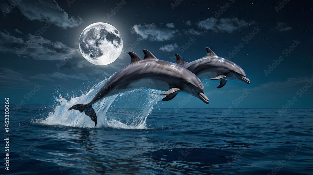 Obraz premium Dolphins jump to the surface with a night view illuminated by moonlight with the moon positioned parallel to the dolphins
