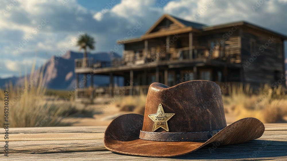 Fototapeta premium Sheriff Background. Wild West Texas Cowboy Hat and Saloon in Texas America
