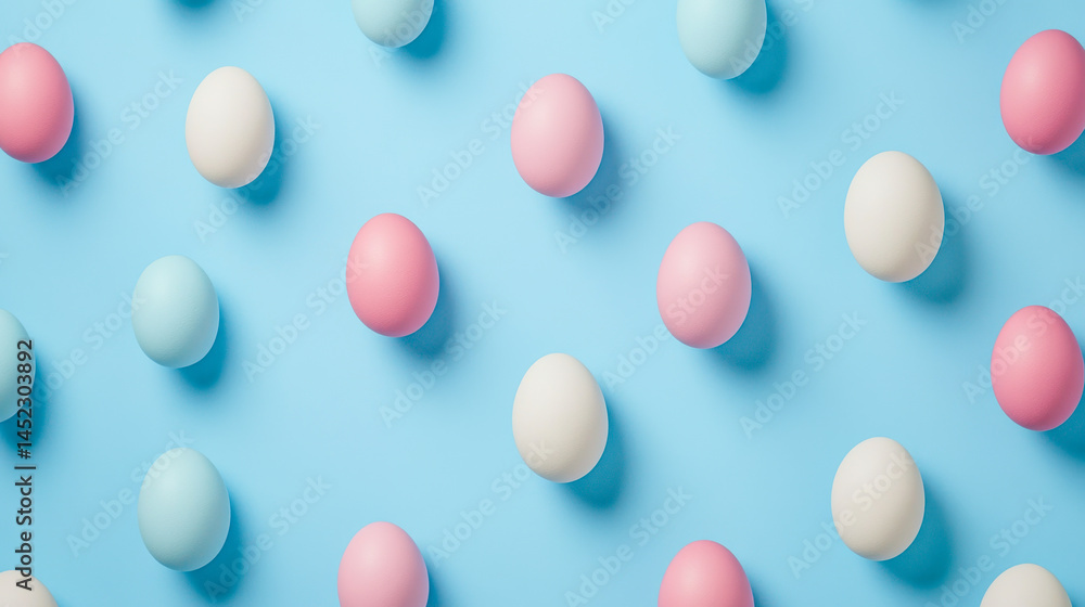 Colorful pastel Easter eggs arranged in a cheerful repeating pattern on a light blue background Colorful pastel Easter eggs arranged in a cheerful repeating pattern on a light blue background