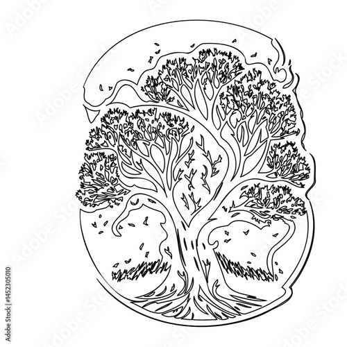 Stylized arboreal illustration featuring flowing branches and abstract leaf designs