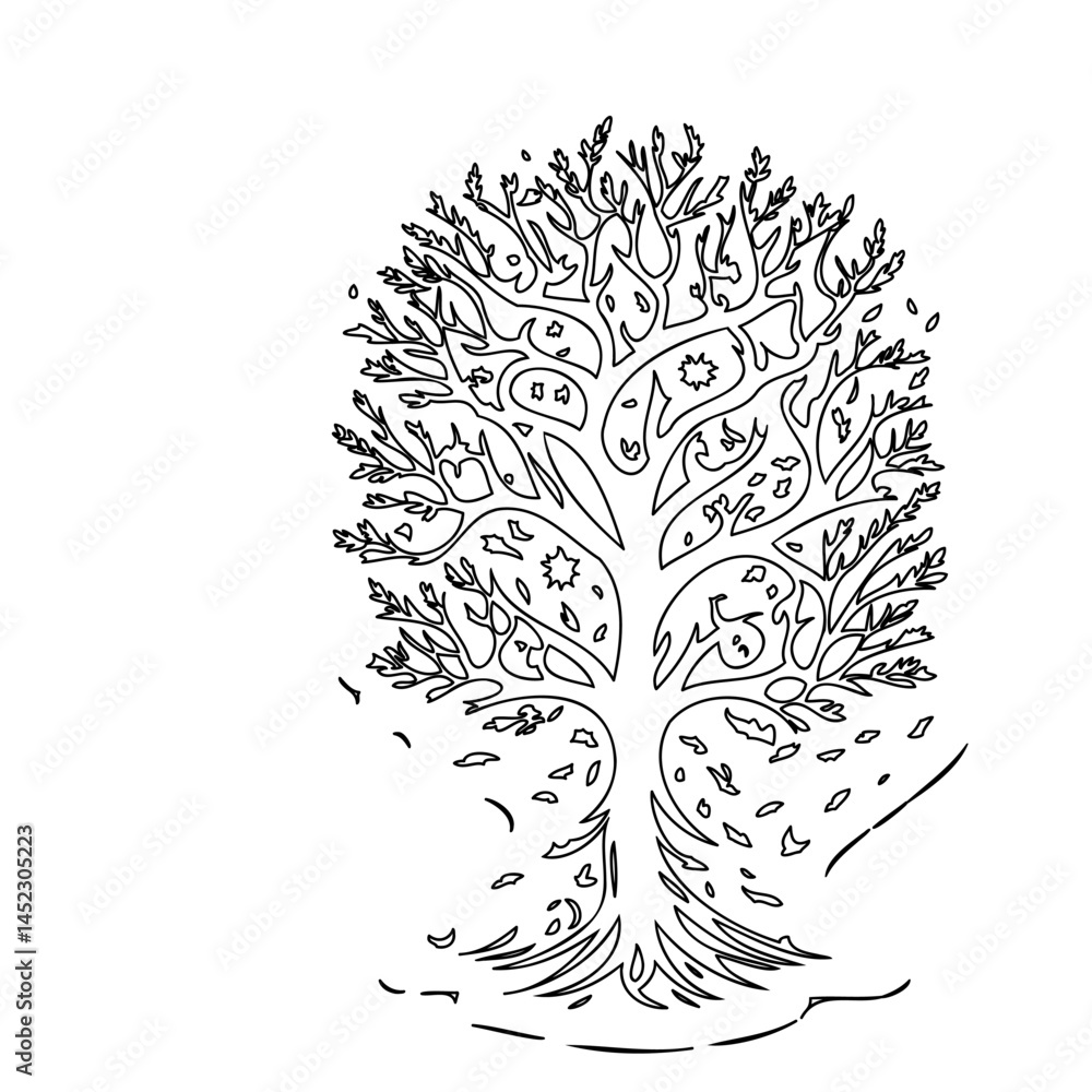Obraz premium Intricate botanical silhouette illustrating a tree adorned with whimsical elements