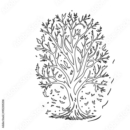 Stylized arboreal illustration with minimalist leaf fall pattern aesthetic