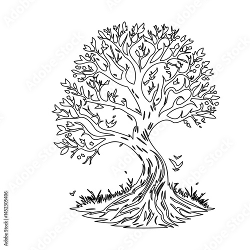 Whimsical arboreal sketch: stylized tree with intricate branching on white background