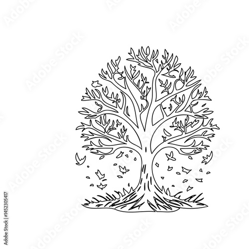 Stylized arboreal monochrome artwork featuring stylized falling leaves design